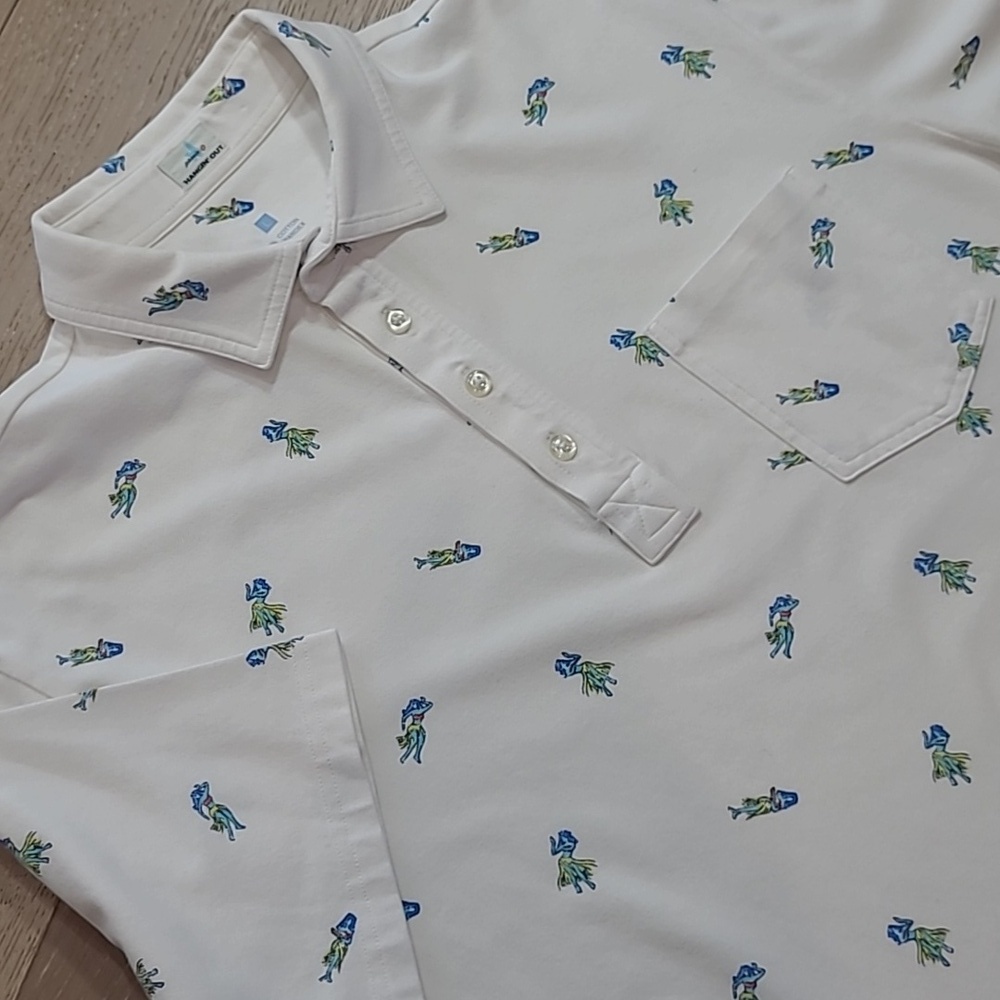 johnnie-O Polo Shirt Men's sz L White Hula Dancers Short Sleeve Golf Shirt